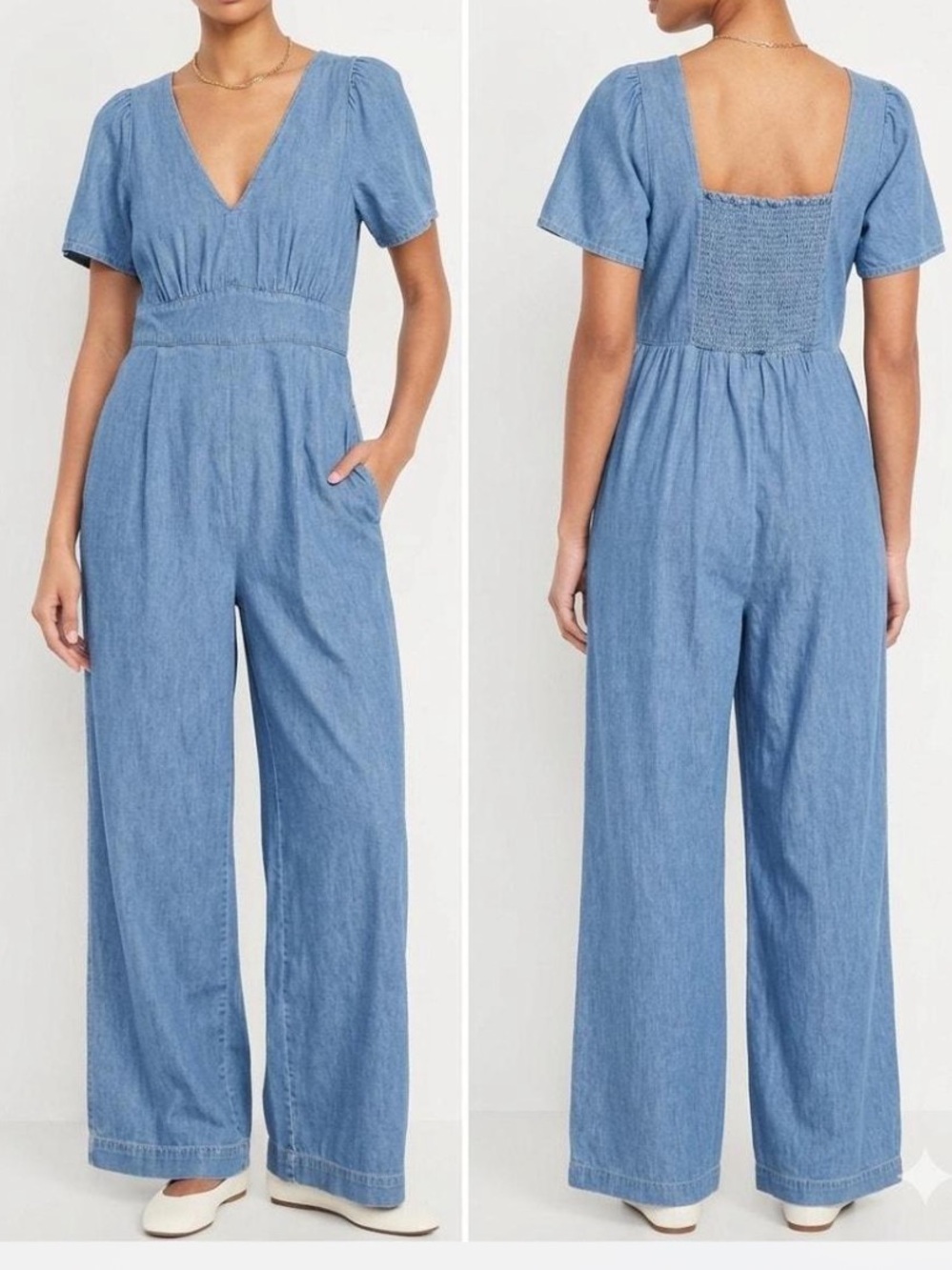Cute! Old Navy chambray blue denim lightweight v front jumpsuit with pockets. L
